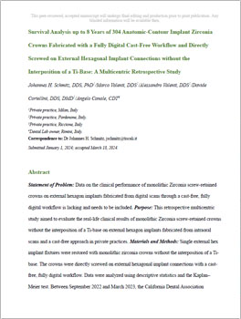 Survival Analysis up to 8 Years of 304 Anatomic-Contour Implant Zirconia Crowns Fabricated with a Fully Digital Cast-Free Workflow and Directly Screwed on External Hexagonal Implant Connections without the Interposition of a Ti-Base