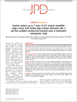 Survival analysis up to 7 years of 621 zirconia monolithic single crowns with feather-edge margins fabricated with a cast-free workflow starting from intraoral scans: A multicentric retrospective study